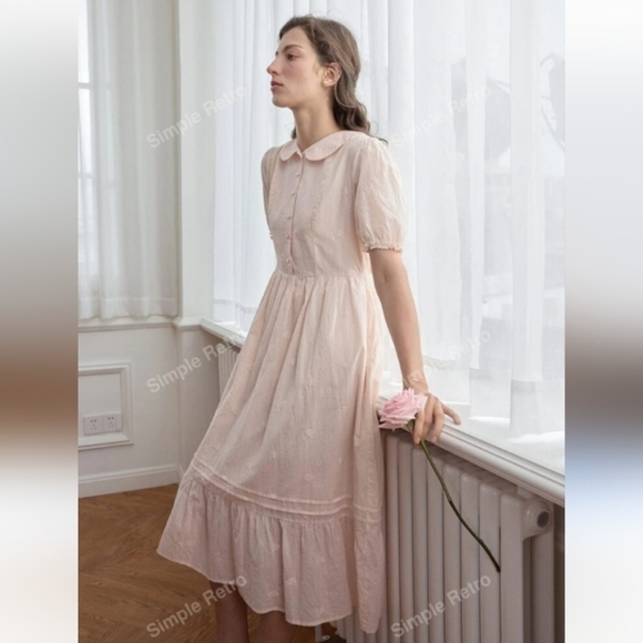 Simple Retro Pink peter pan collar prairie style midi dress xl, 22" Ptp, 21" Wst - Picture 1 of 7